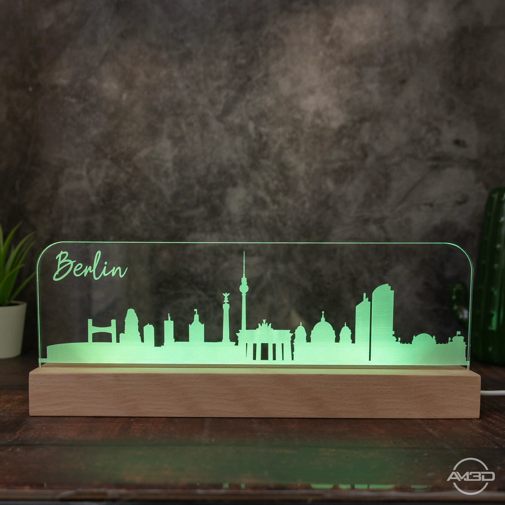 3D LED Lampe Skyline Berlin - AM3D Shopmit Holzsockel 30cm