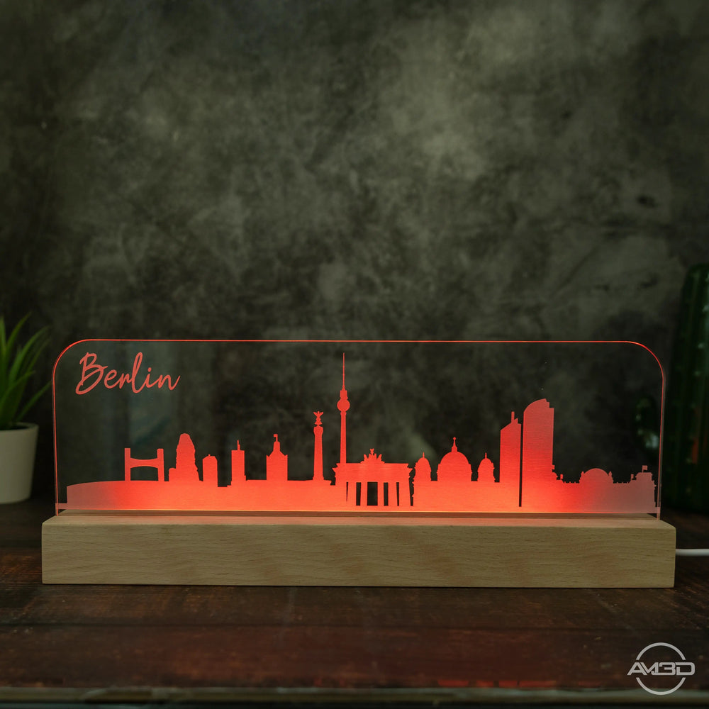 3D LED Lampe Skyline Berlin - AM3D Shopmit Holzsockel 30cm