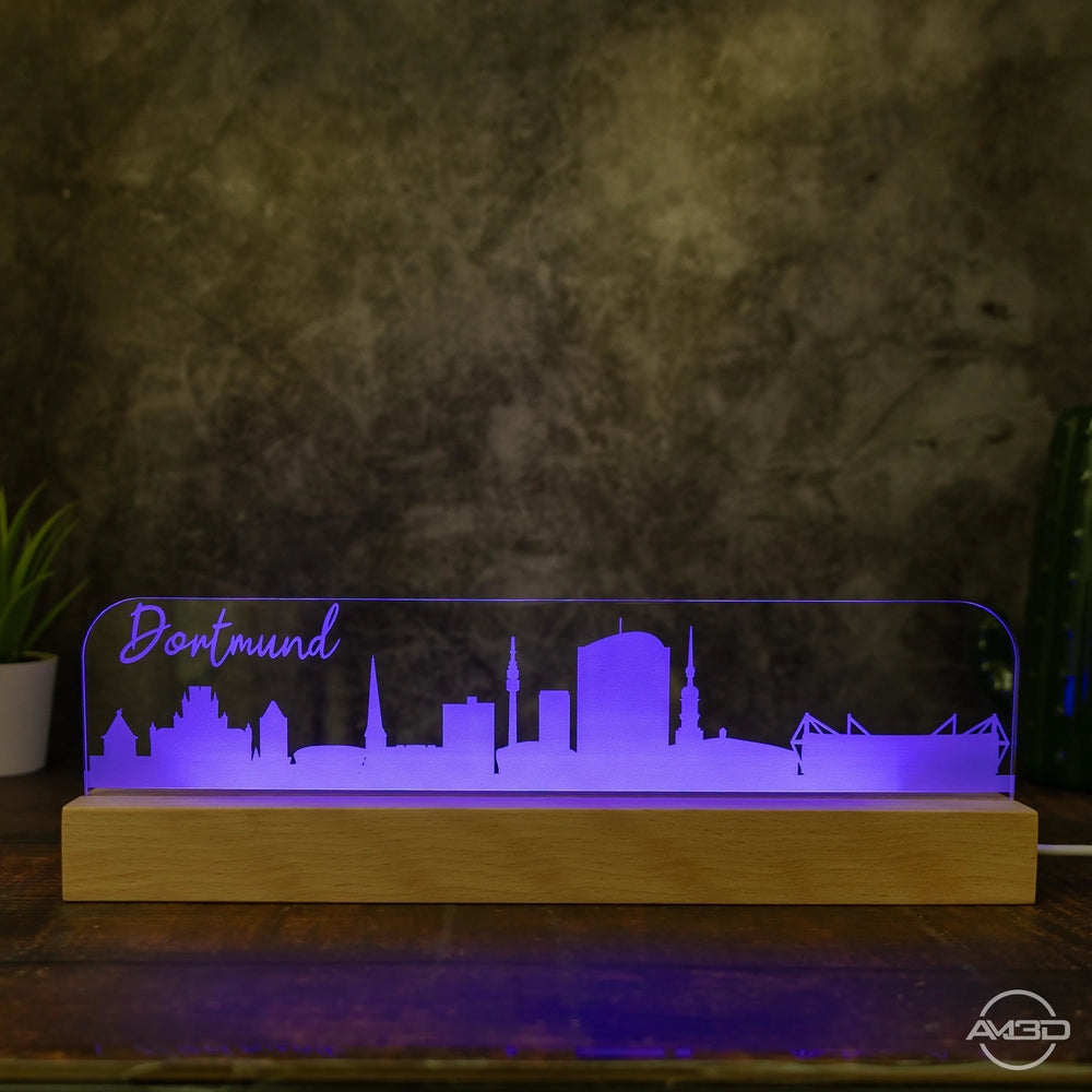 3D LED Lampe Skyline Dortmund - AM3D Shopmit Holzsockel 30cm