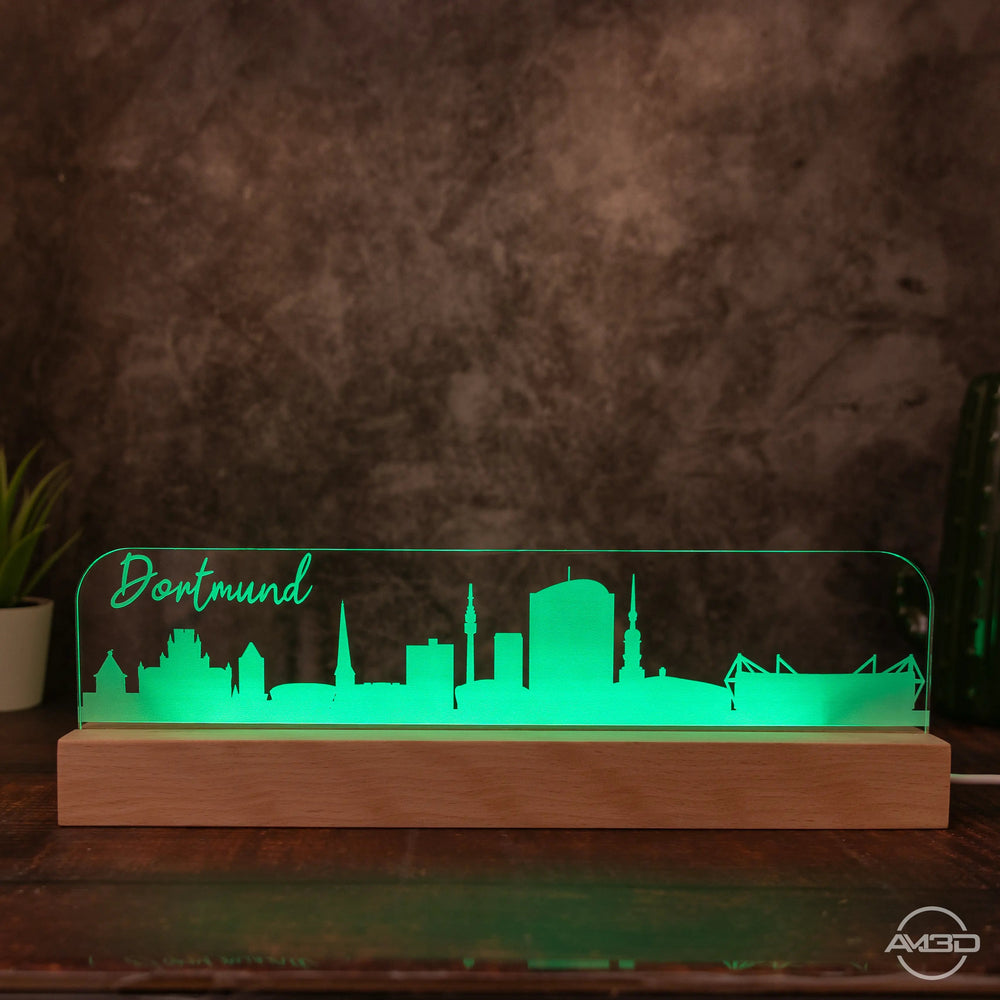 3D LED Lampe Skyline Dortmund - AM3D Shopmit Holzsockel 30cm