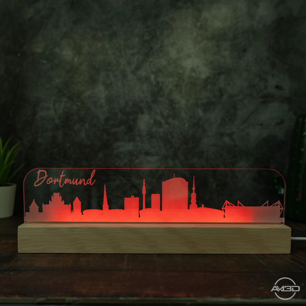 3D LED Lampe Skyline Dortmund - AM3D Shopmit Holzsockel 30cm