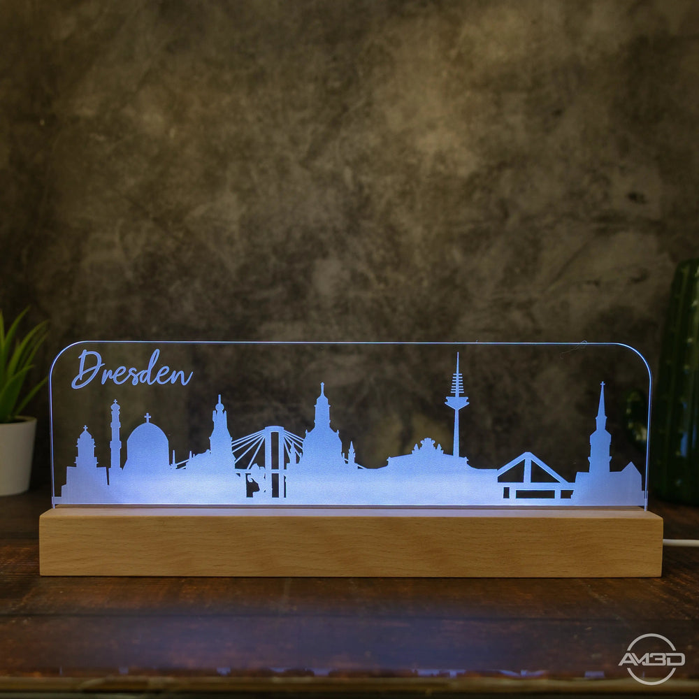 3D LED Lampe Skyline Dresden - AM3D Shopmit Holzsockel 30cm