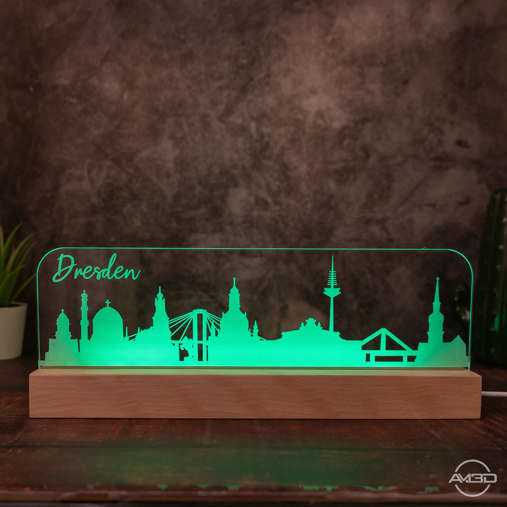 3D LED Lampe Skyline Dresden - AM3D Shopmit Holzsockel 30cm