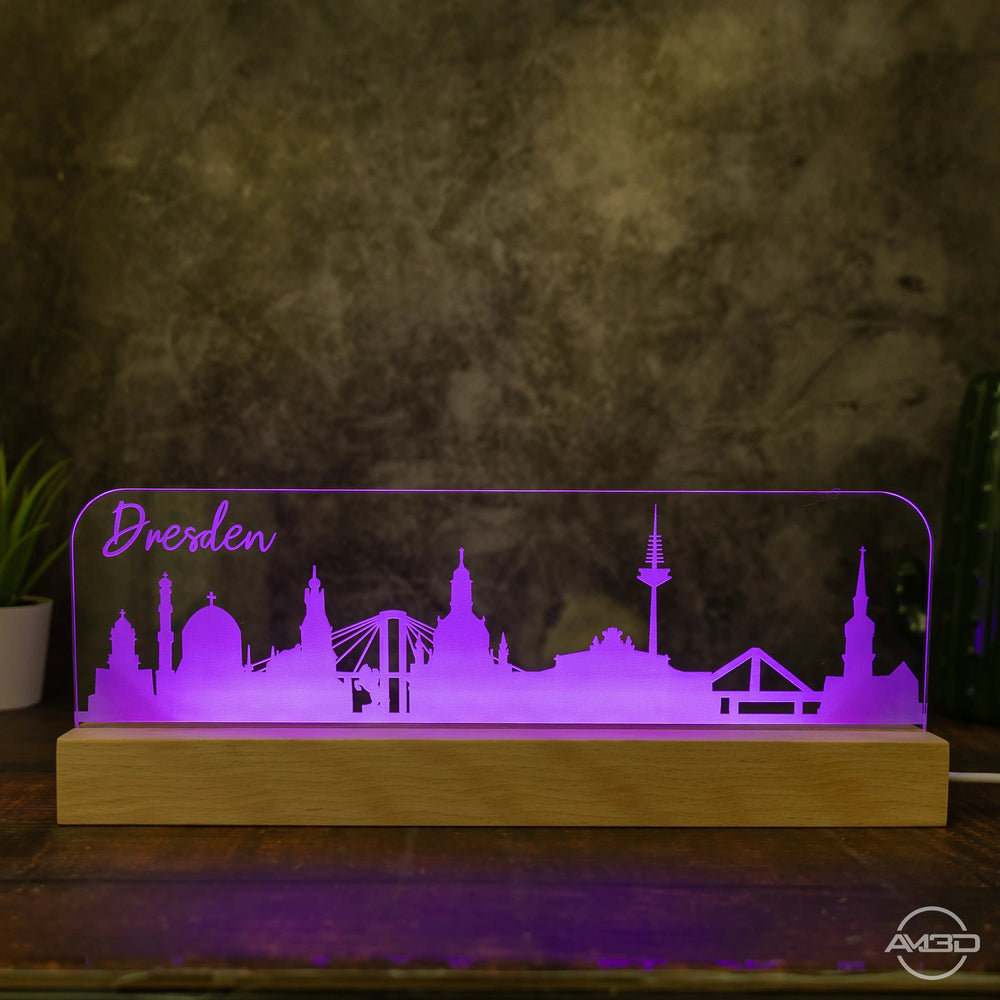 3D LED Lampe Skyline Dresden - AM3D Shopmit Holzsockel 30cm