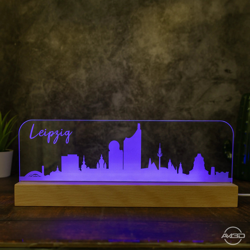3D LED Lampe Skyline Dresden Leipzig - AM3D Shopmit Holzsockel 30cm