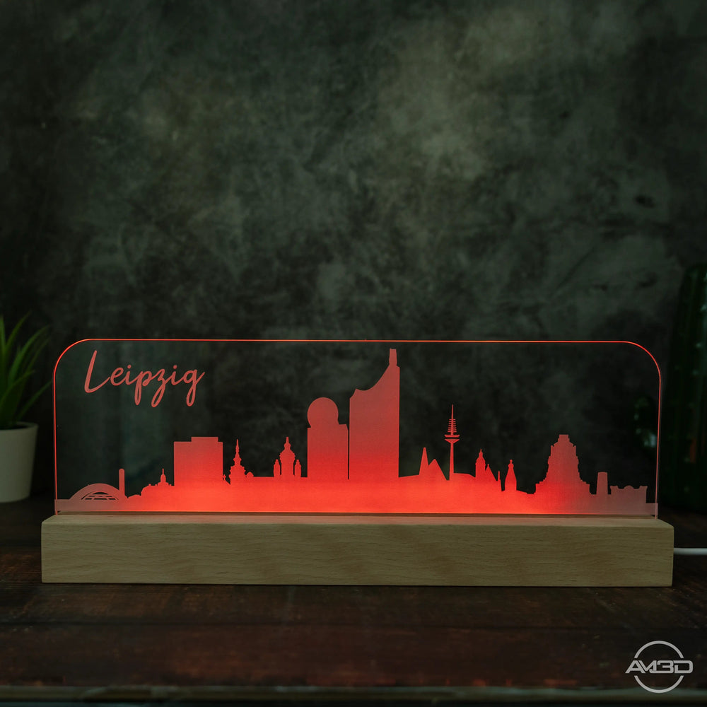 3D LED Lampe Skyline Dresden Leipzig - AM3D Shopmit Holzsockel 30cm