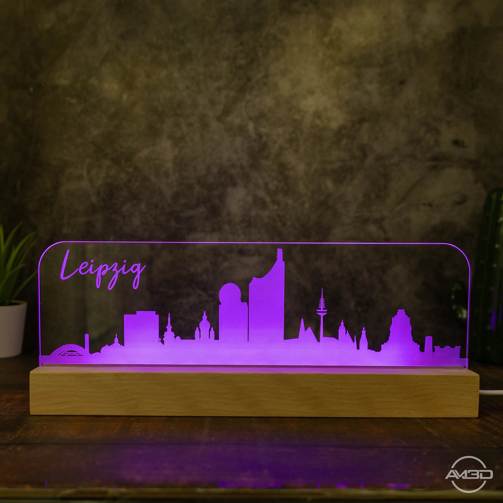 3D LED Lampe Skyline Dresden Leipzig - AM3D Shopmit Holzsockel 30cm