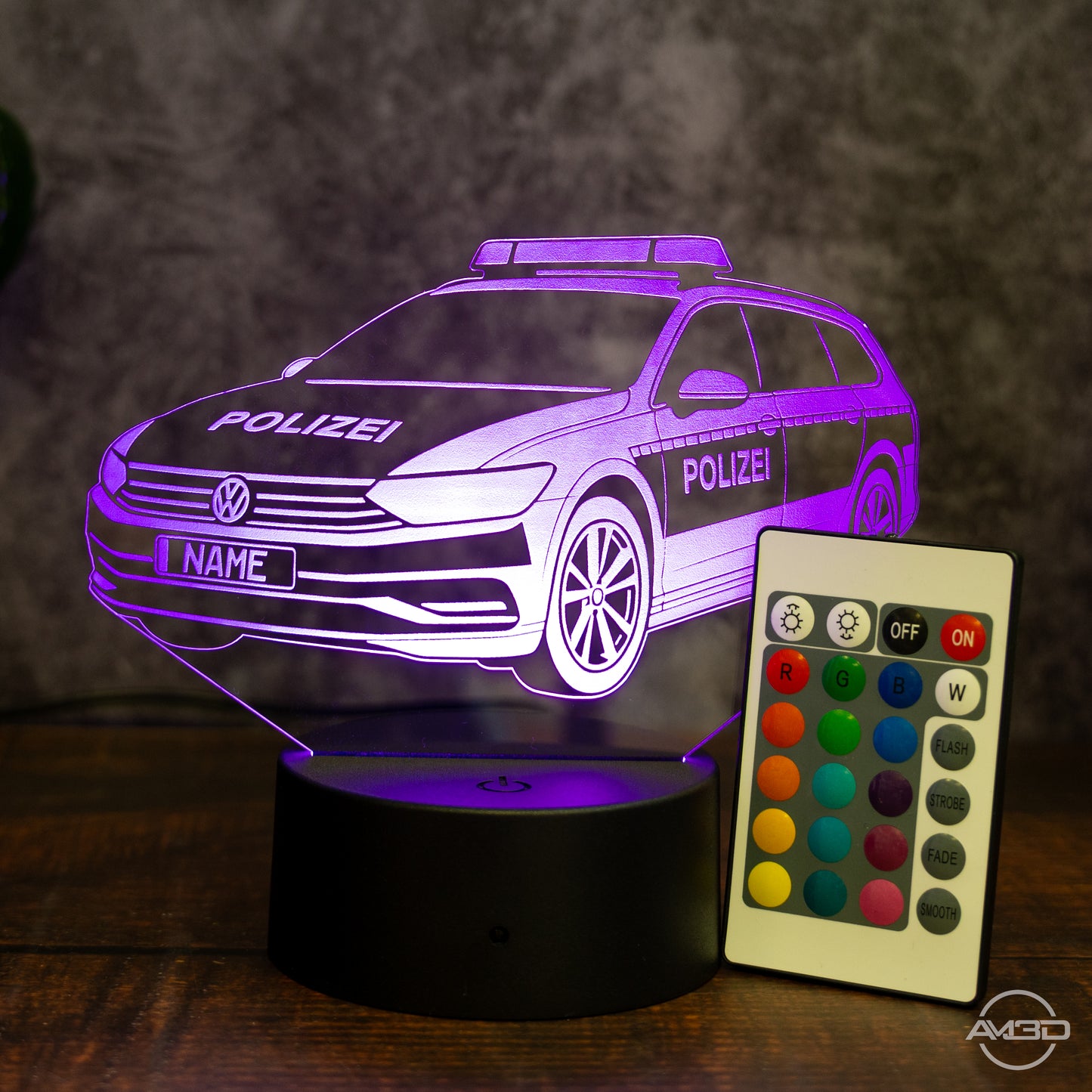 LED-Leuchte „Polizeiauto“ mit Wunschkennzeichen – 3D-Licht für kleine Blaulichtfans