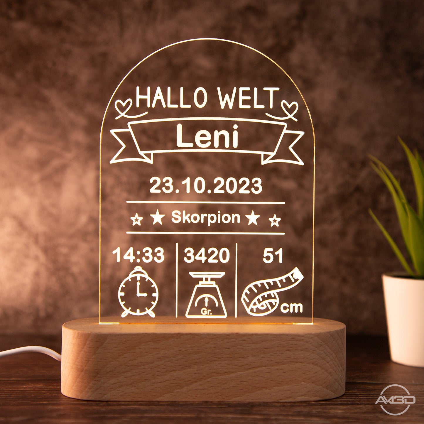 Baby Geburts - LED Nachtlicht - AM3D Shopmit Holzsockel 14cm