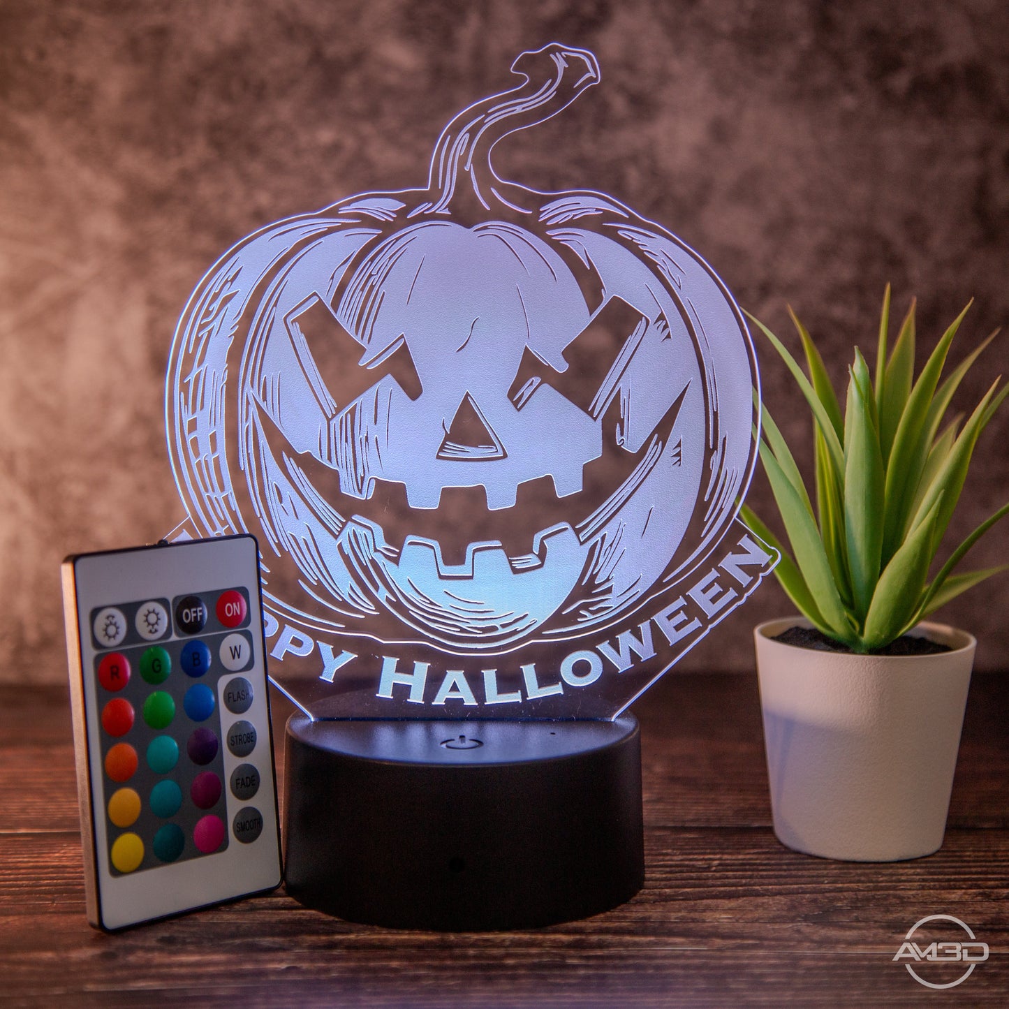 LED Halloween - Lampe mit Gruseligem Kürbis - Design und Fernbedienung - Stimmungsvolle Dekoration - AM3D Shopmit Kunststoffsockel