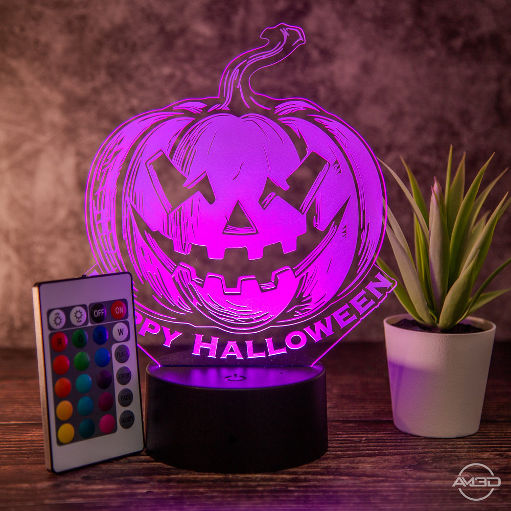 LED Halloween - Lampe mit Gruseligem Kürbis - Design und Fernbedienung - Stimmungsvolle Dekoration - AM3D Shopmit Kunststoffsockel