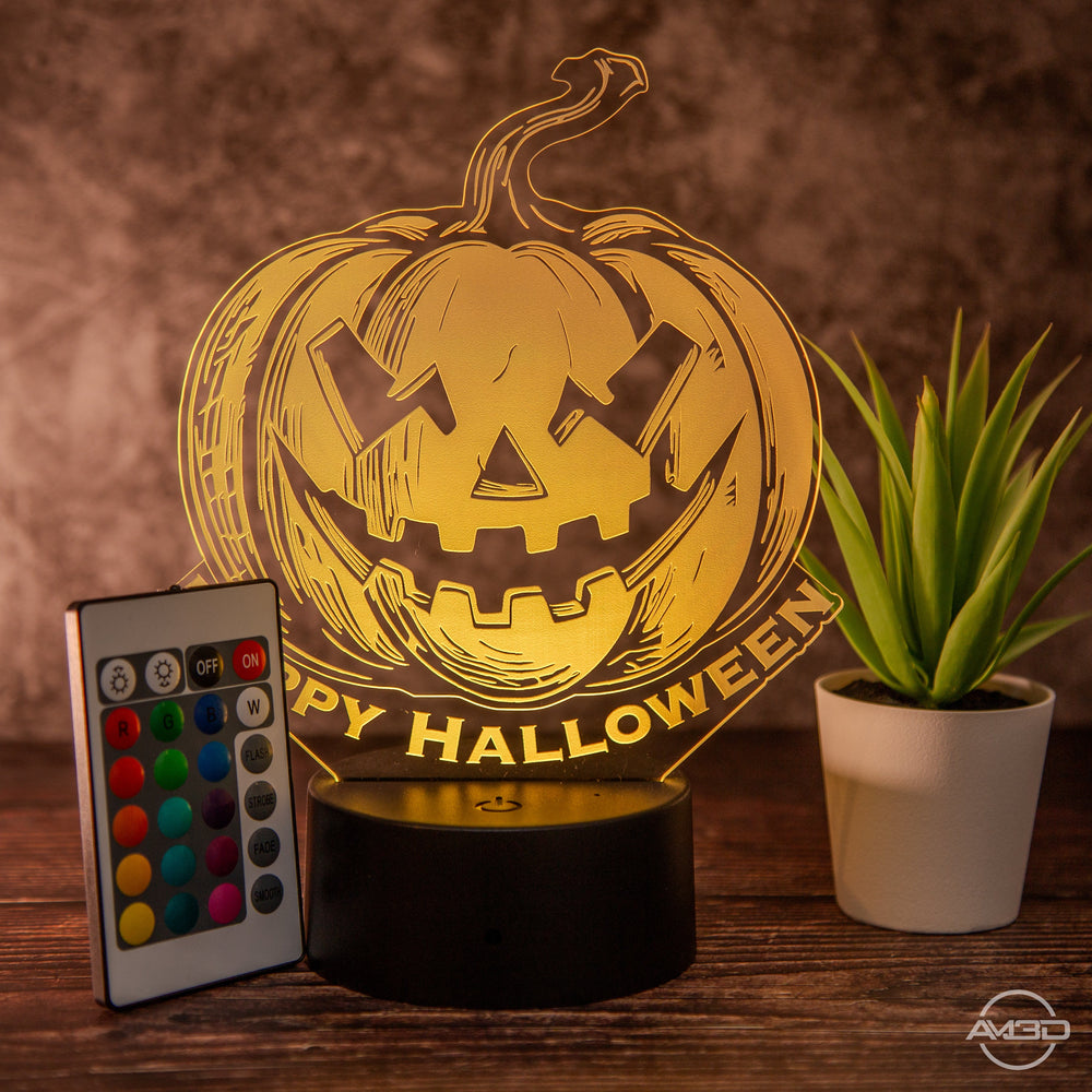 LED Halloween - Lampe mit Gruseligem Kürbis - Design und Fernbedienung - Stimmungsvolle Dekoration - AM3D Shopmit Kunststoffsockel