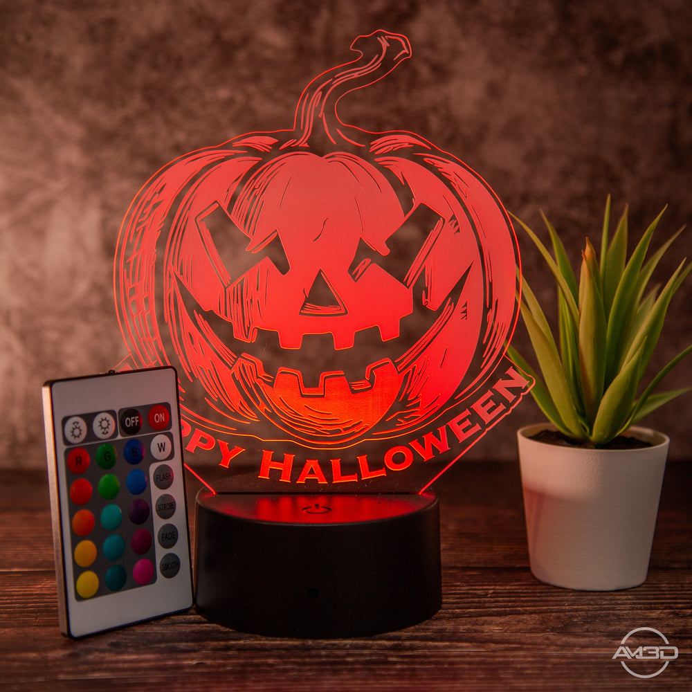 LED Halloween - Lampe mit Gruseligem Kürbis - Design und Fernbedienung - Stimmungsvolle Dekoration - AM3D Shopmit Kunststoffsockel