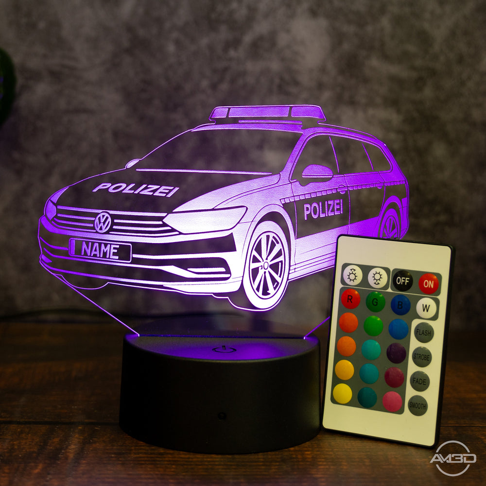 LED - Leuchte „Polizeiauto“ mit Wunschkennzeichen – 3D - Licht für kleine Blaulichtfans - AM3D Shopmit Kunststoffsockel