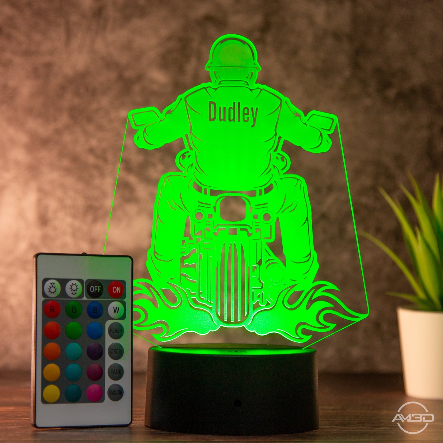 LED Tischlampe aus Acryl - Biker - Das perfekte Geschenk für Motorradfahrer - AM3D Shopmit Kunststoffsockel