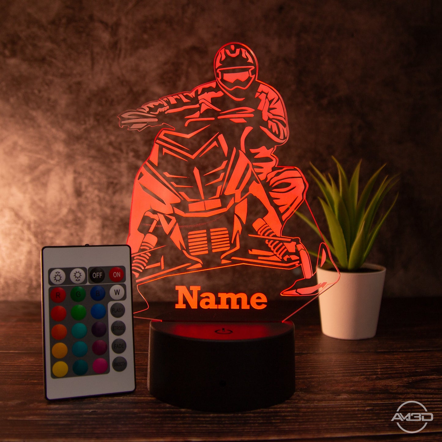 LED Tischlampe aus Acryl - Schneemobild - Das perfekte Geschenk für Schneemobilfahrer! - AM3D Shopmit Kunststoffsockel