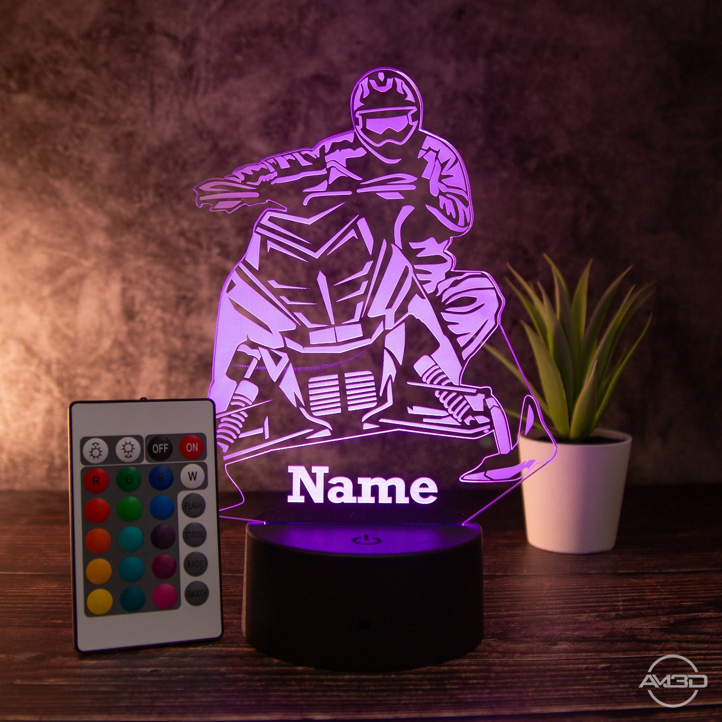 LED Tischlampe aus Acryl - Schneemobild - Das perfekte Geschenk für Schneemobilfahrer! - AM3D Shopmit Kunststoffsockel