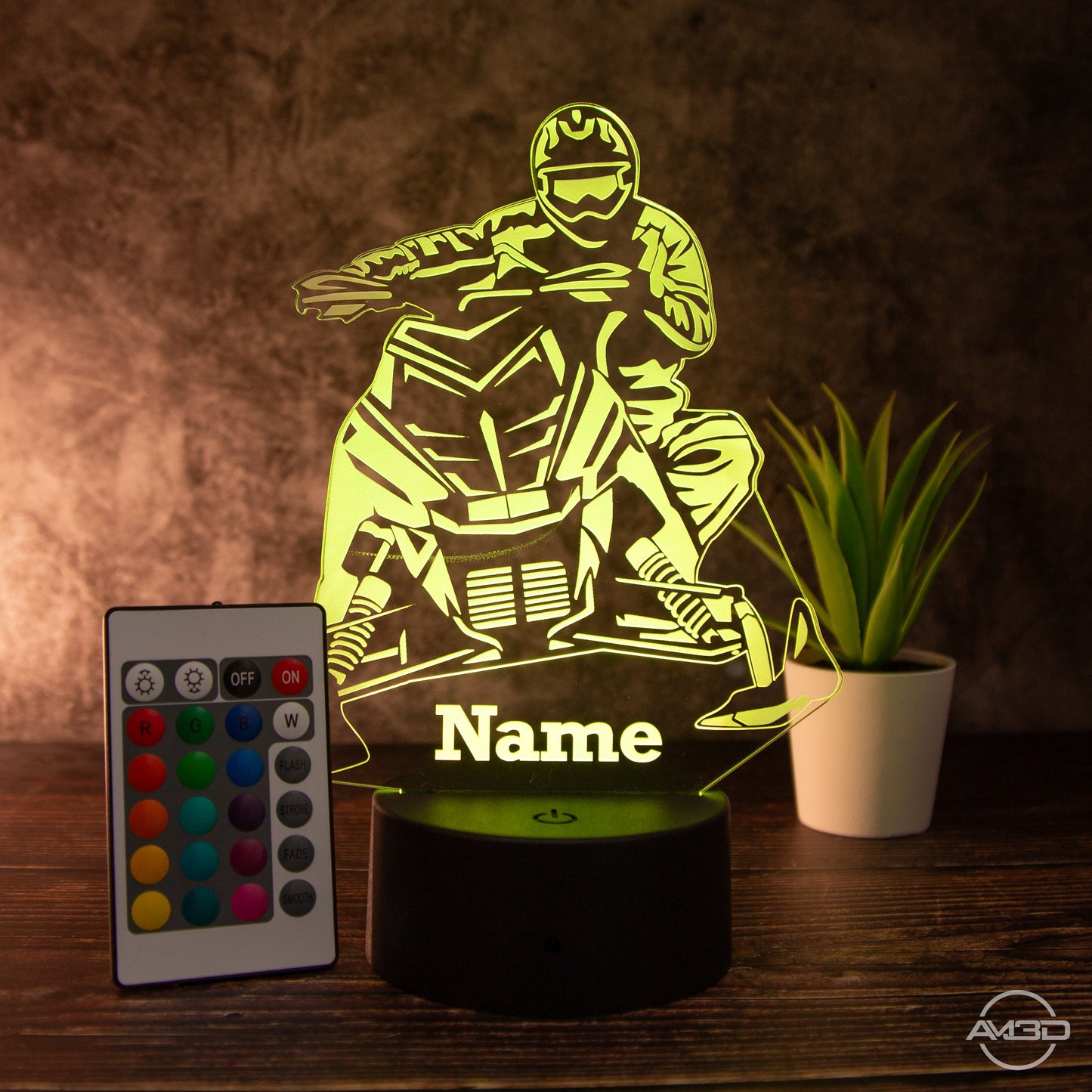 LED Tischlampe aus Acryl - Schneemobild - Das perfekte Geschenk für Schneemobilfahrer! - AM3D Shopmit Kunststoffsockel