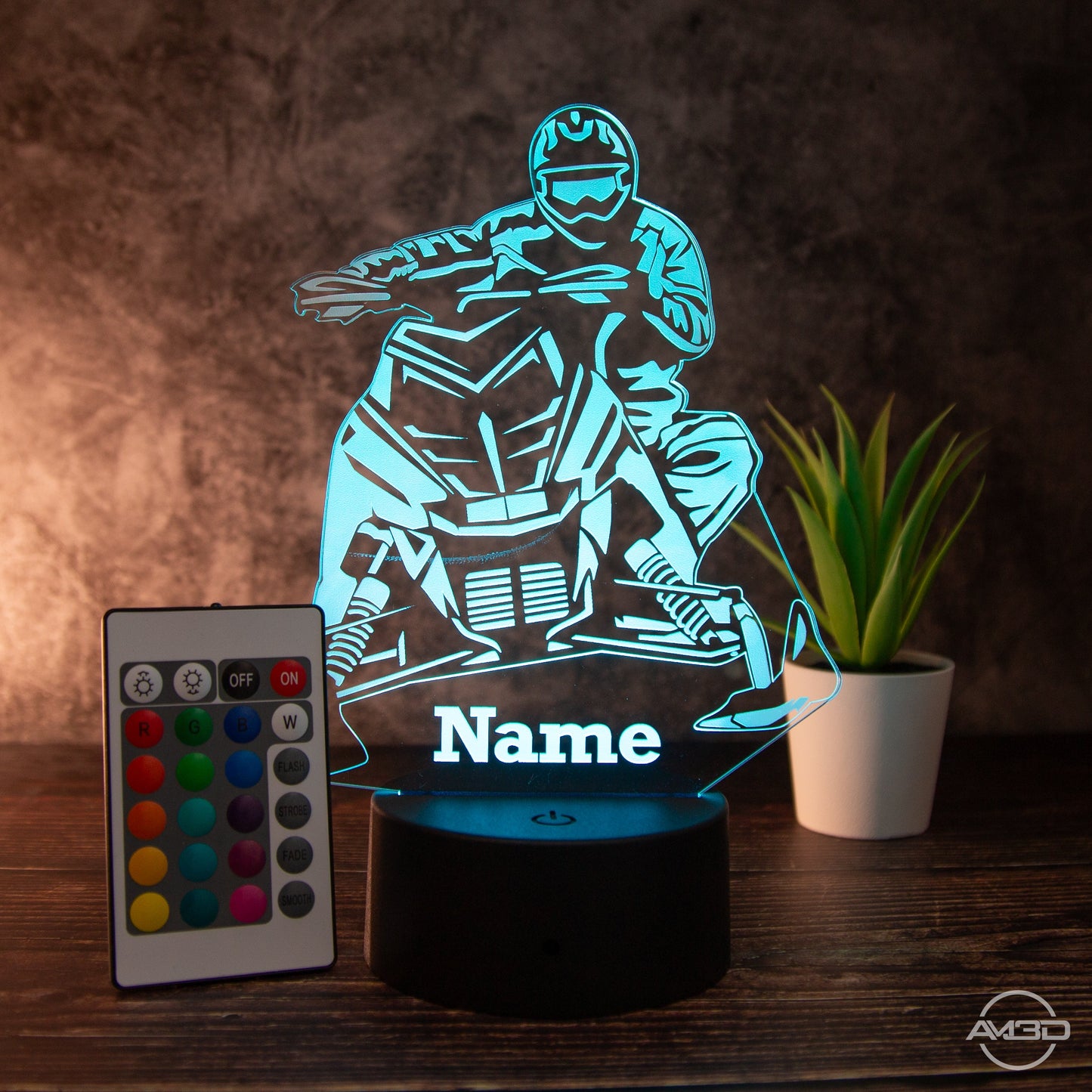 LED Tischlampe aus Acryl - Schneemobild - Das perfekte Geschenk für Schneemobilfahrer! - AM3D Shopmit Kunststoffsockel