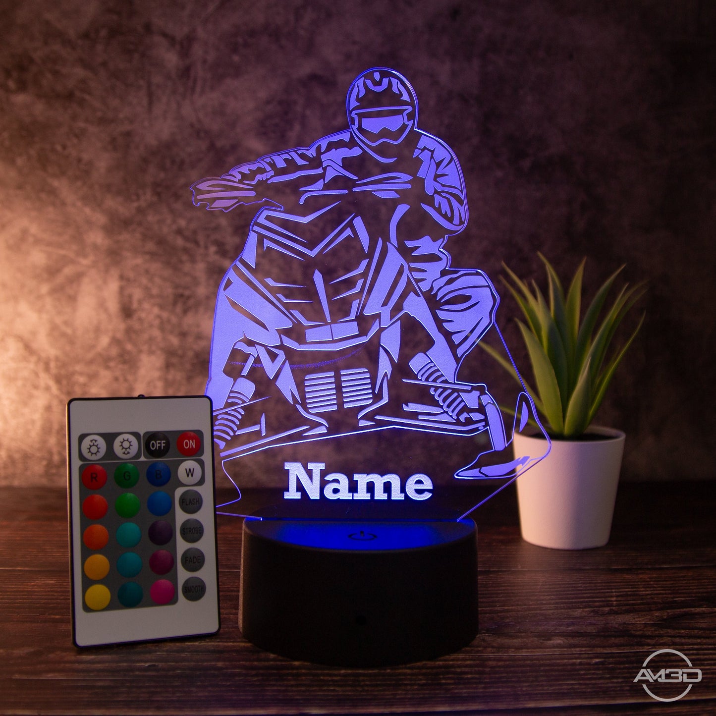 LED Tischlampe aus Acryl - Schneemobild - Das perfekte Geschenk für Schneemobilfahrer! - AM3D Shopmit Kunststoffsockel