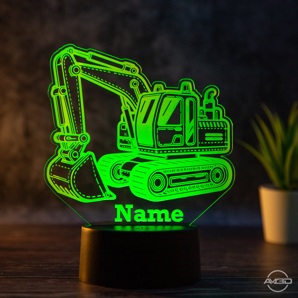 personalisierbare LED Tischlampe aus Acryl - Bagger, Baustelle, Baggerfahrer - AM3D Shopmit Kunststoffsockel