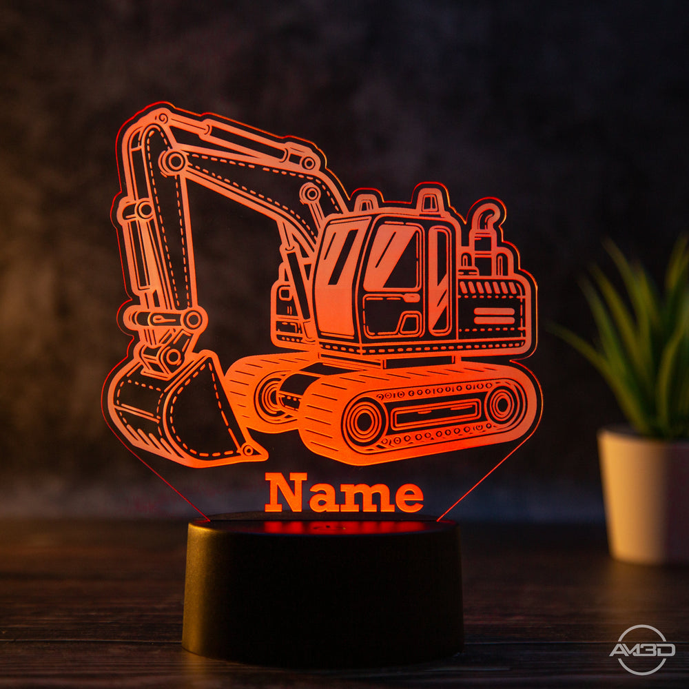 personalisierbare LED Tischlampe aus Acryl - Bagger, Baustelle, Baggerfahrer - AM3D Shopmit Kunststoffsockel
