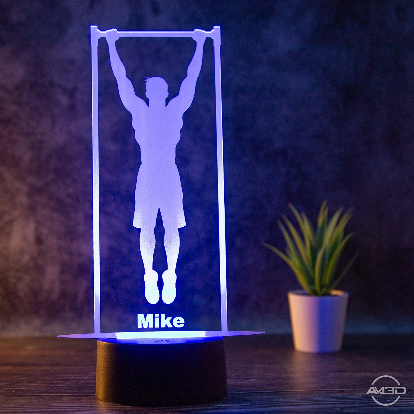 Personalisierbare LED Tischlampe aus Acryl Calisthenics, Klimmzug, Sport - AM3D Shopmit Kunststoffsockel