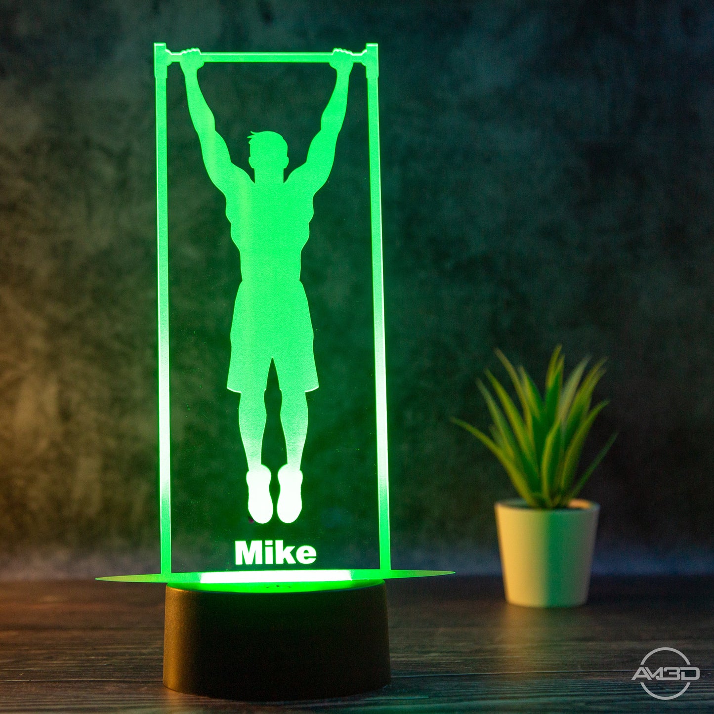 Personalisierbare LED Tischlampe aus Acryl Calisthenics, Klimmzug, Sport - AM3D Shopmit Kunststoffsockel