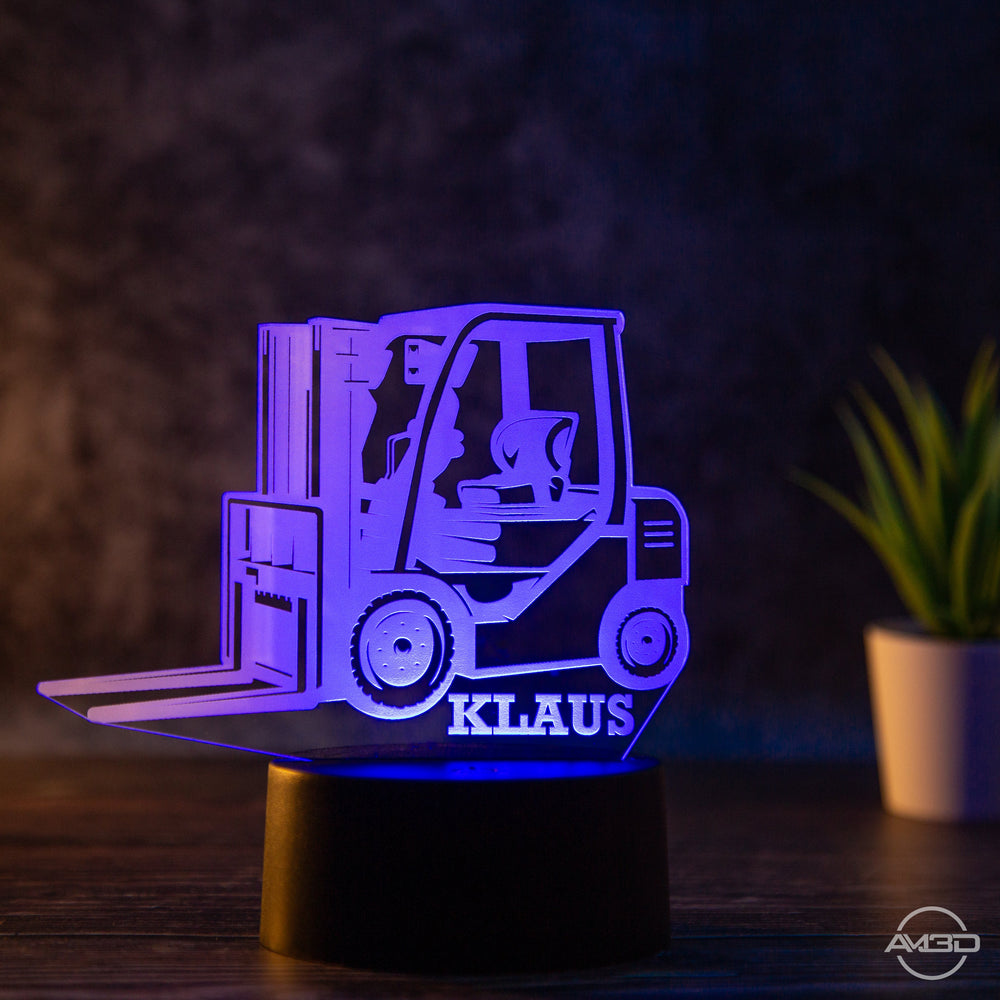 personalisierbare LED Tischlampe aus Acryl - Gabelstapler - AM3D Shopmit Kunststoffsockel