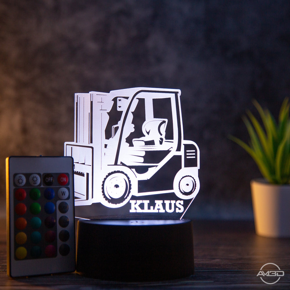 personalisierbare LED Tischlampe aus Acryl - Gabelstapler - AM3D Shopmit Kunststoffsockel