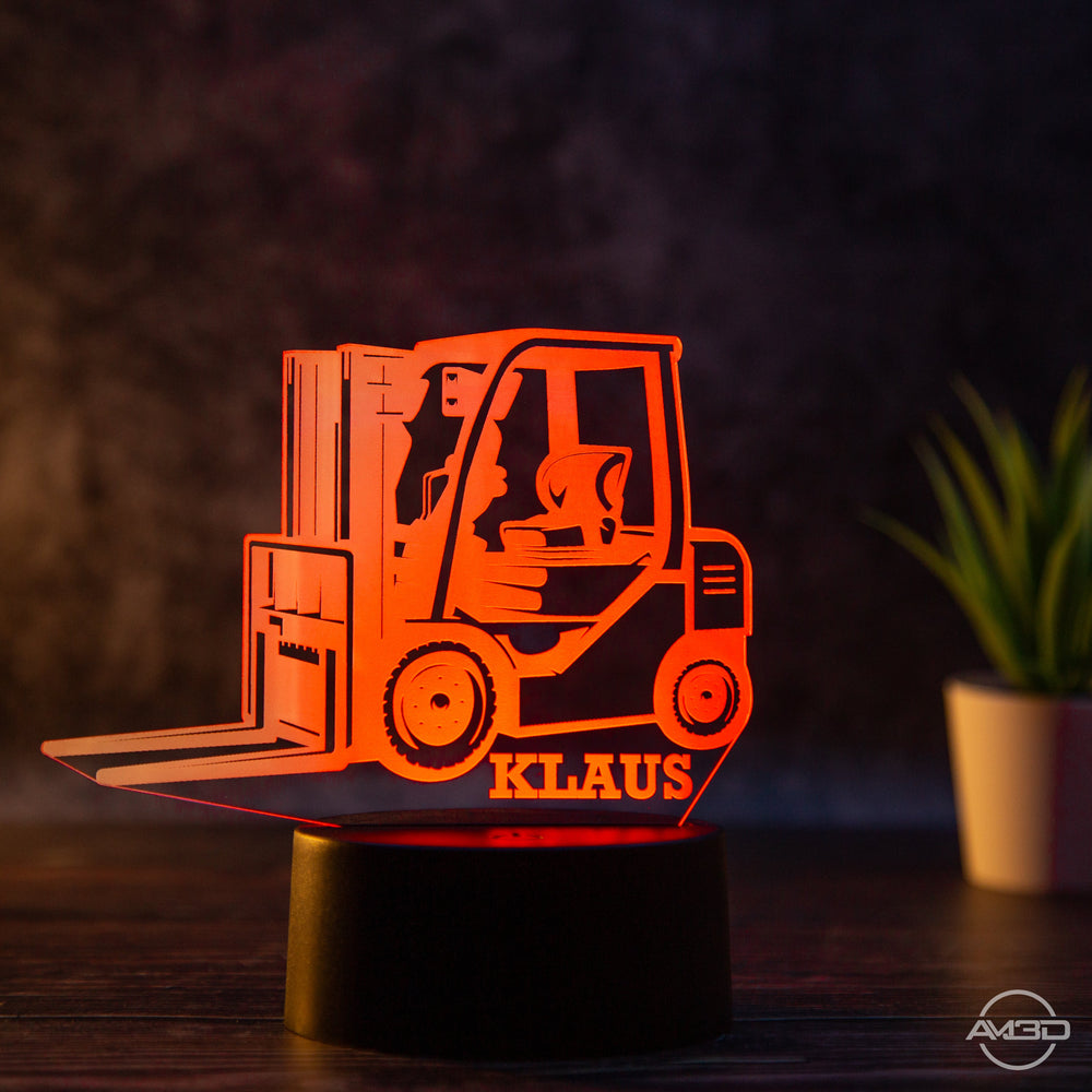 personalisierbare LED Tischlampe aus Acryl - Gabelstapler - AM3D Shopmit Kunststoffsockel