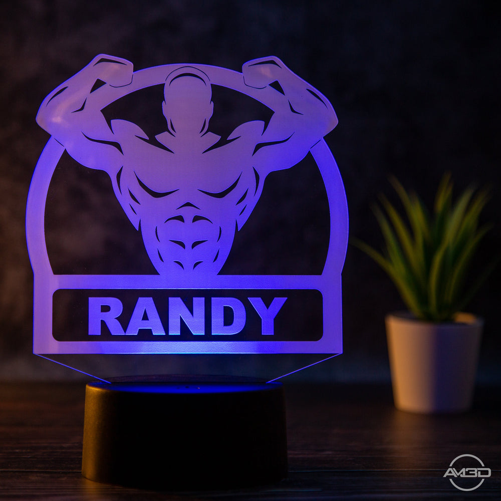 Personalisierbare LED Tischlampe aus Acryl mit Body Builder - AM3D Shopmit Kunststoffsockel