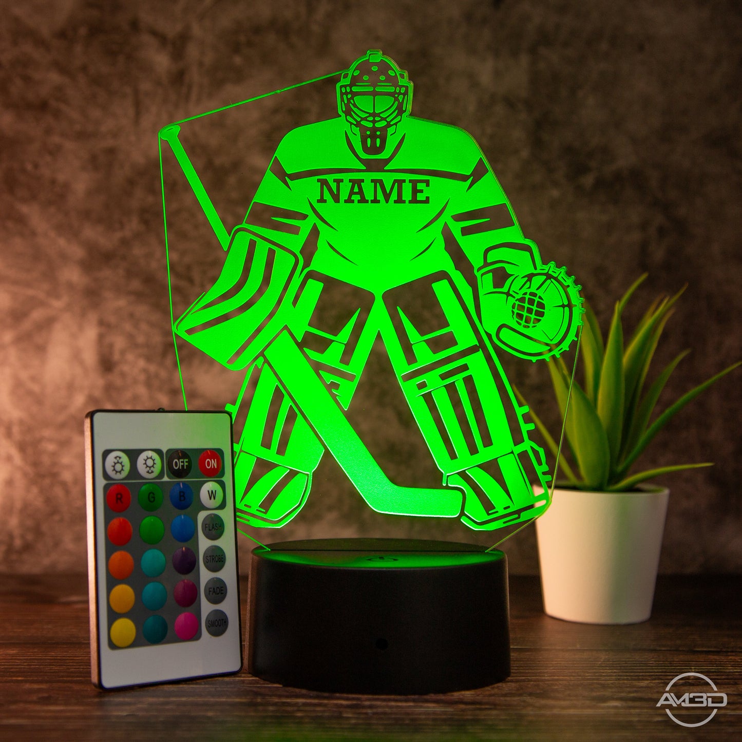 Personalisierbare LED - Tischlampe aus Acryl mit Eishockeyspieler – Perfektes Geschenk für Eishockey - Fans - AM3D Shopmit Kunststoffsockel