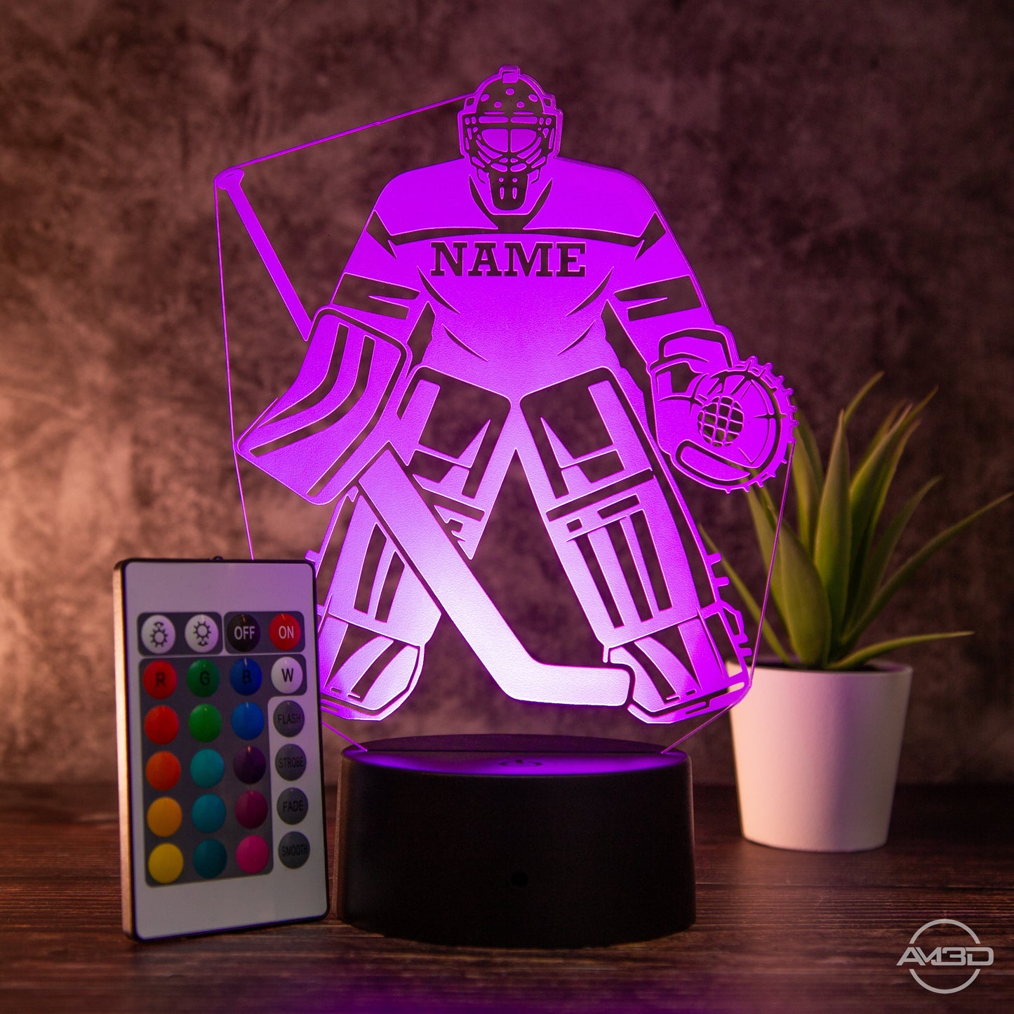 Personalisierbare LED - Tischlampe aus Acryl mit Eishockeyspieler – Perfektes Geschenk für Eishockey - Fans - AM3D Shopmit Kunststoffsockel