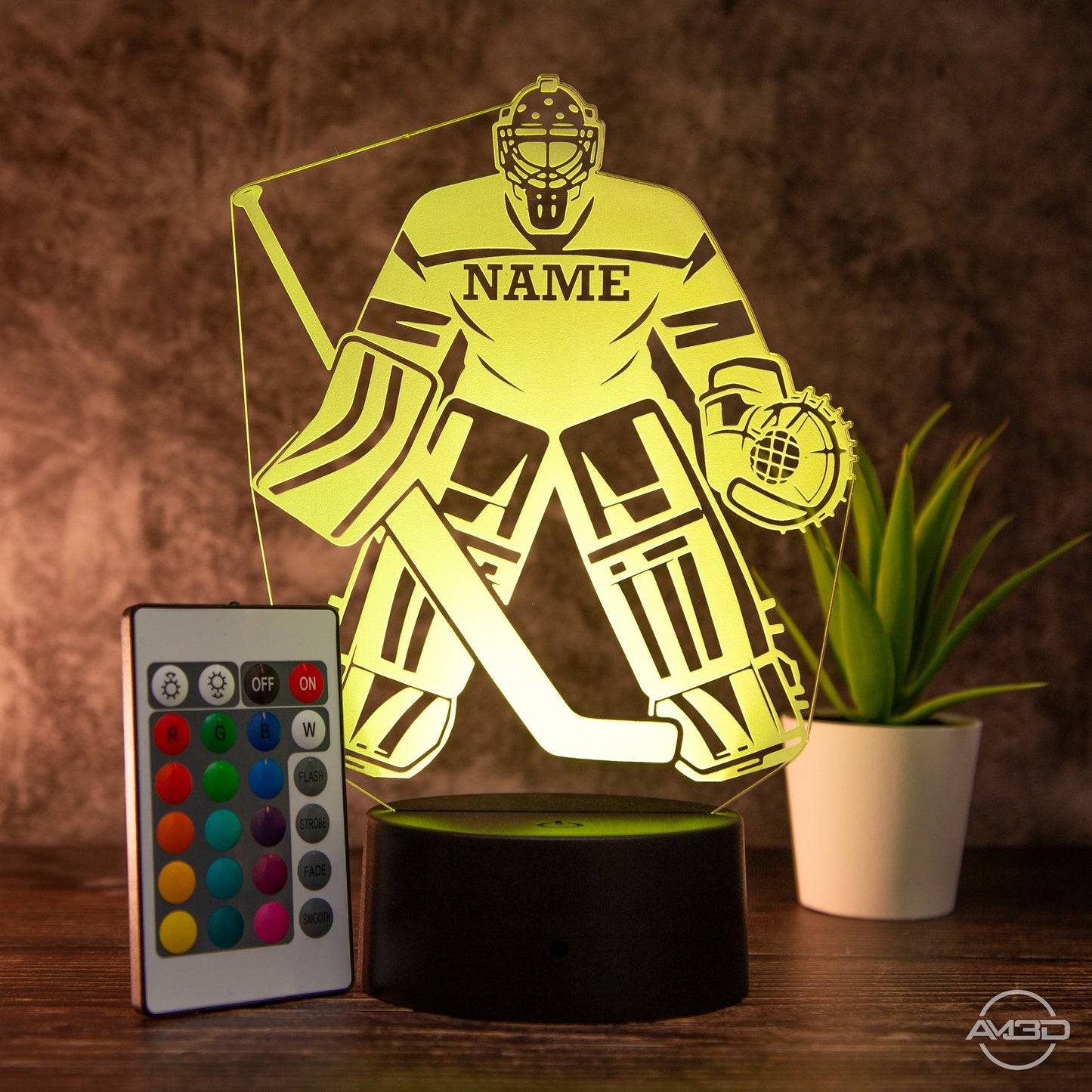 Personalisierbare LED - Tischlampe aus Acryl mit Eishockeyspieler – Perfektes Geschenk für Eishockey - Fans - AM3D Shopmit Kunststoffsockel