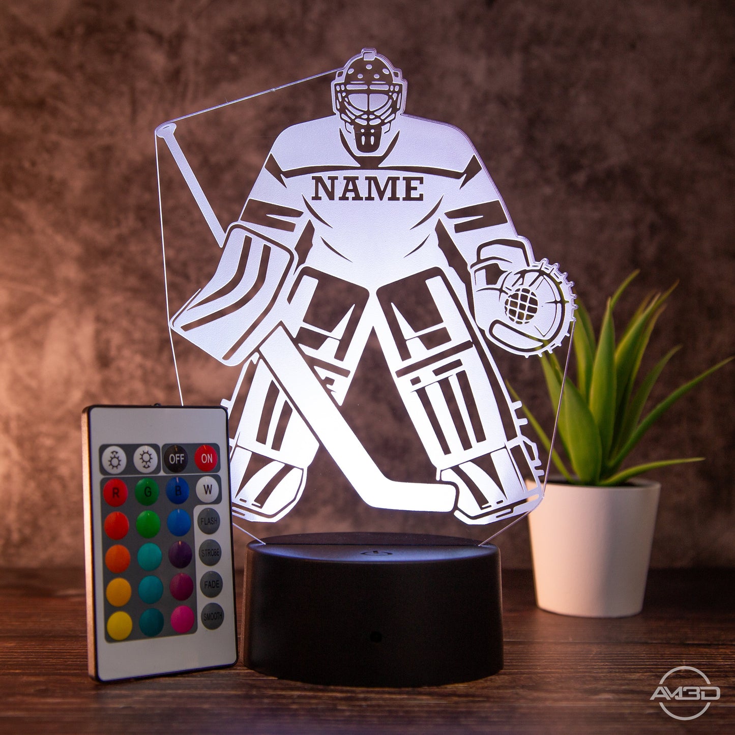 Personalisierbare LED - Tischlampe aus Acryl mit Eishockeyspieler – Perfektes Geschenk für Eishockey - Fans - AM3D Shopmit Kunststoffsockel