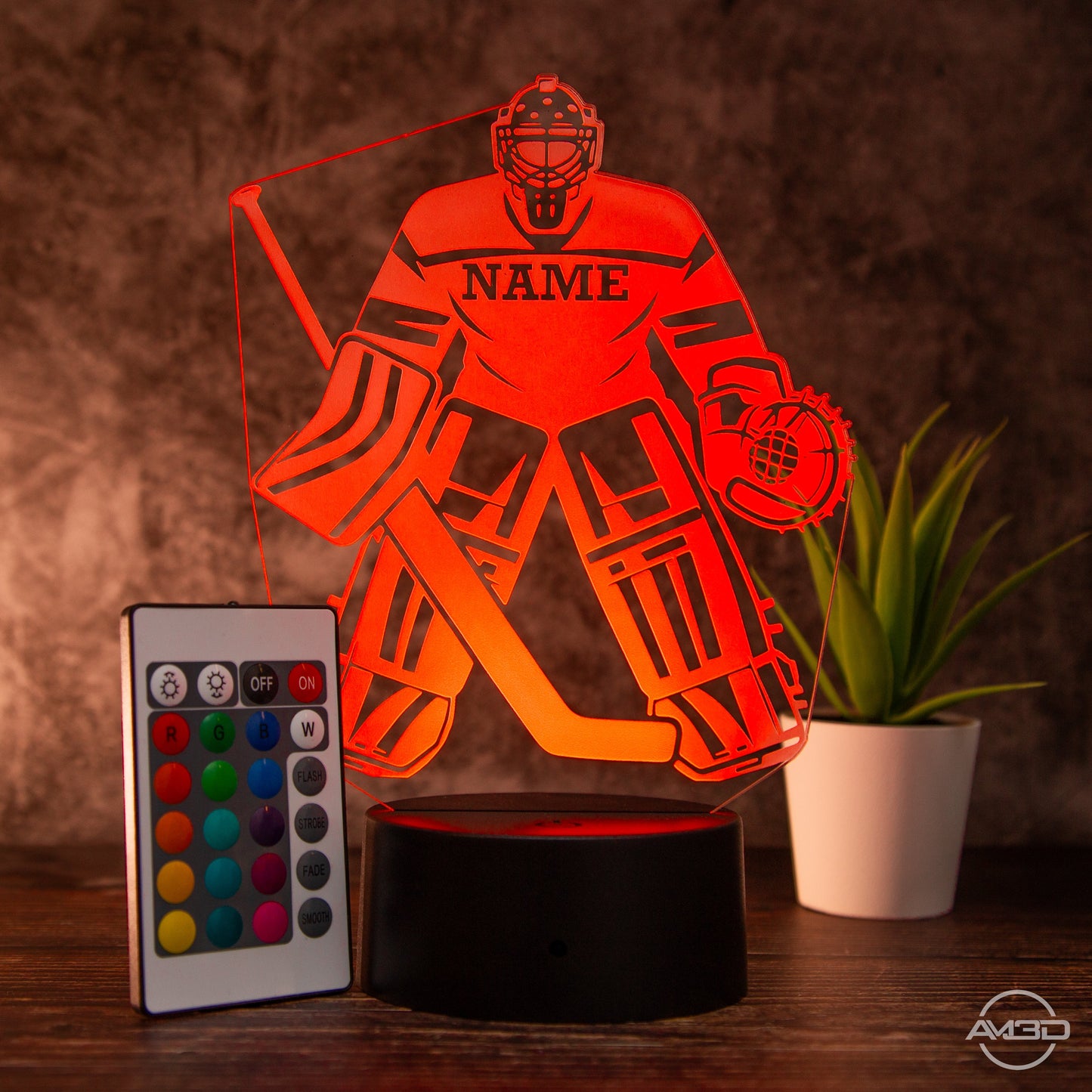 Personalisierbare LED - Tischlampe aus Acryl mit Eishockeyspieler – Perfektes Geschenk für Eishockey - Fans - AM3D Shopmit Kunststoffsockel