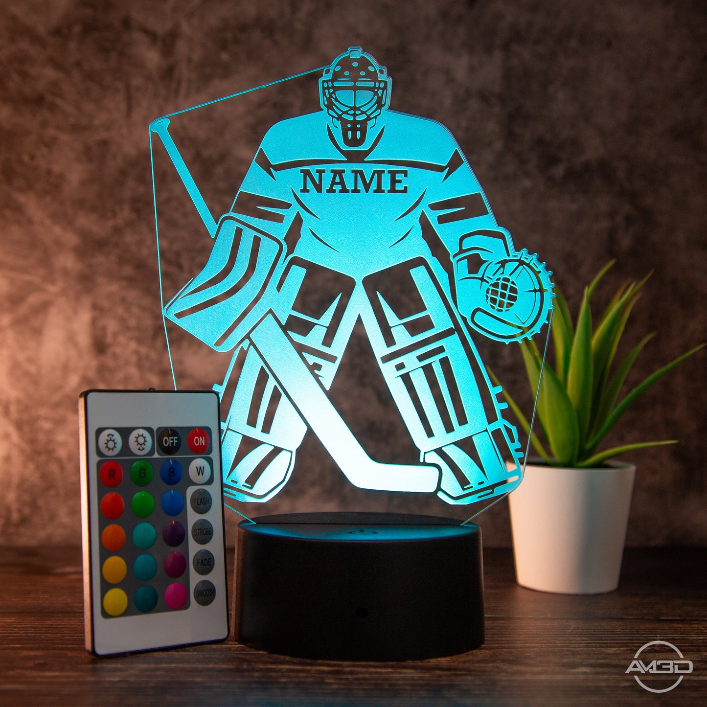 Personalisierbare LED - Tischlampe aus Acryl mit Eishockeyspieler – Perfektes Geschenk für Eishockey - Fans - AM3D Shopmit Kunststoffsockel