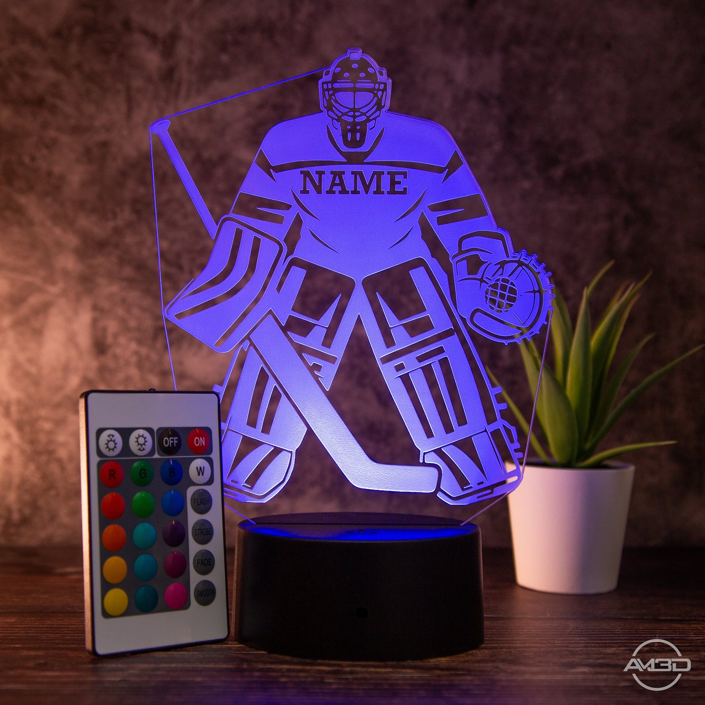 Personalisierbare LED - Tischlampe aus Acryl mit Eishockeyspieler – Perfektes Geschenk für Eishockey - Fans - AM3D Shopmit Kunststoffsockel