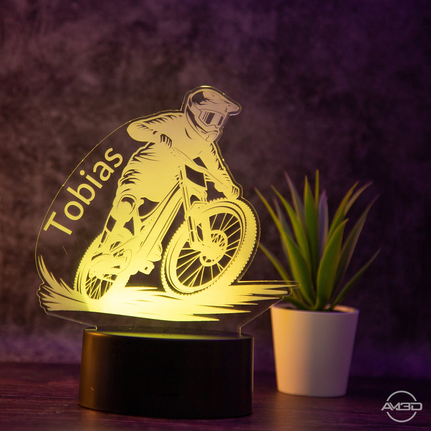 personalisierte Tischlampe Mountainbiker Downhill Nachtlicht fürs Kinderzimmer / Tischlampe LED Acryl - AM3D Shopmit Kunststoffsockel