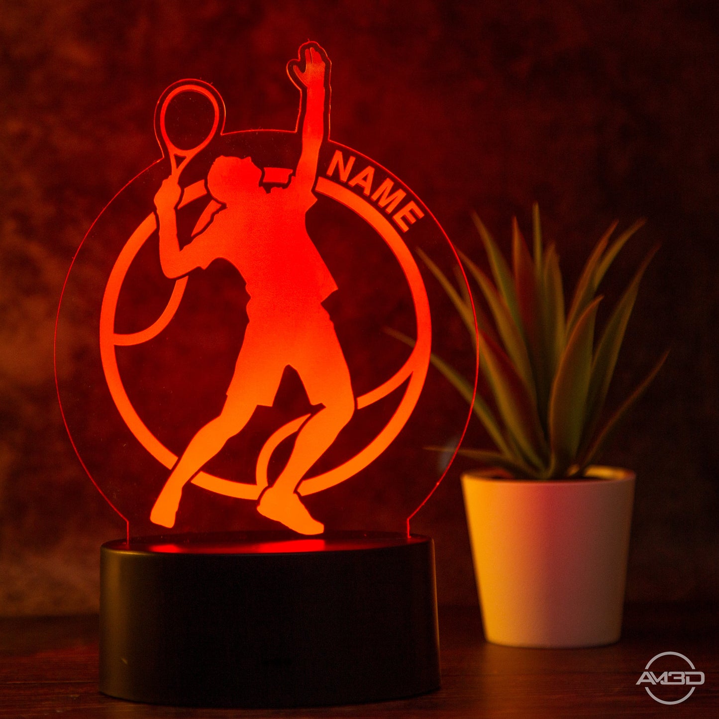 personalisierte Tischlampe Tennisspieler LED Nachtlicht aus Acryl - AM3D Shopmit Kunststoffsockel