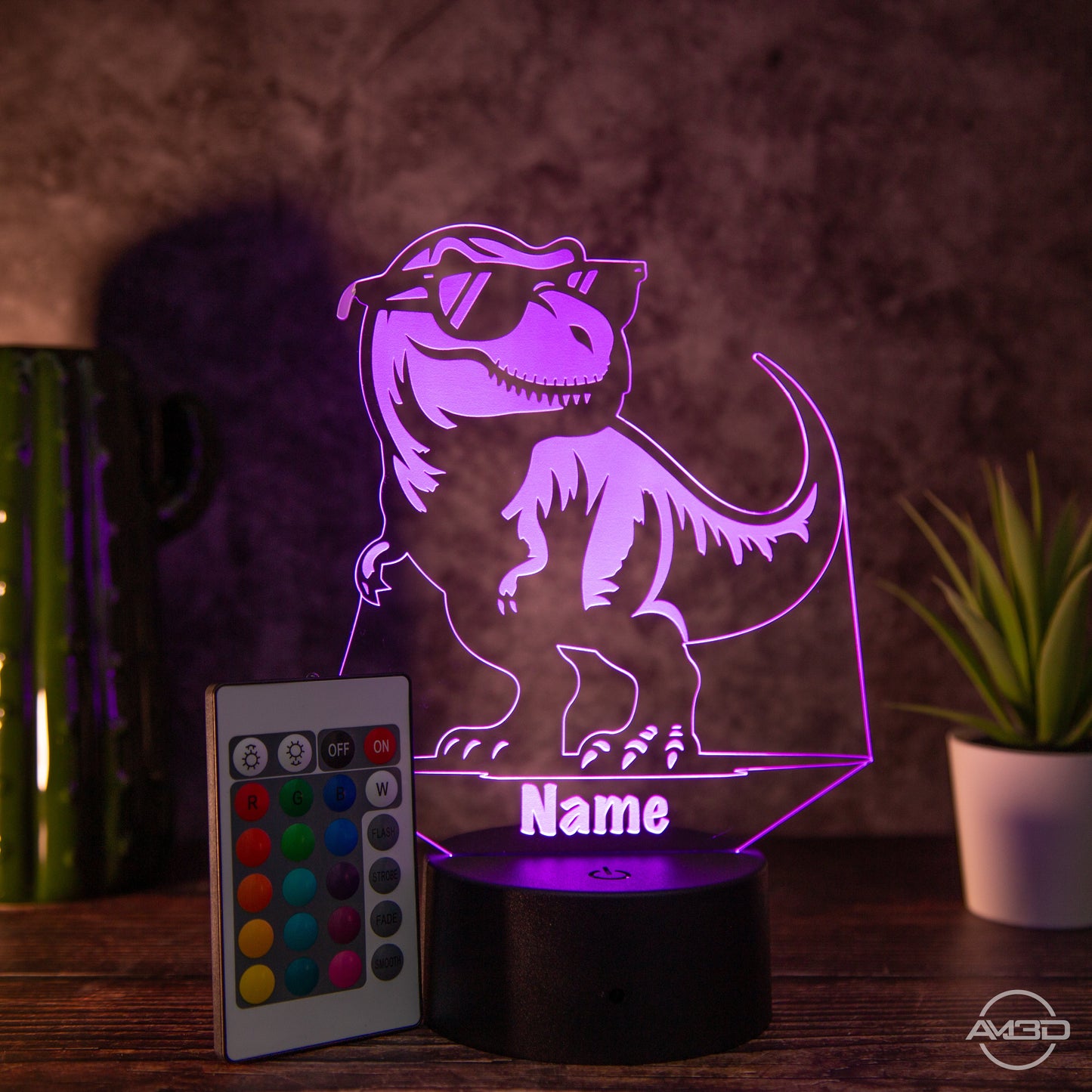 personalisiertes Nachtlicht fürs Kinderzimmer "T - Rex" - AM3D Shopmit Kunststoffsockel