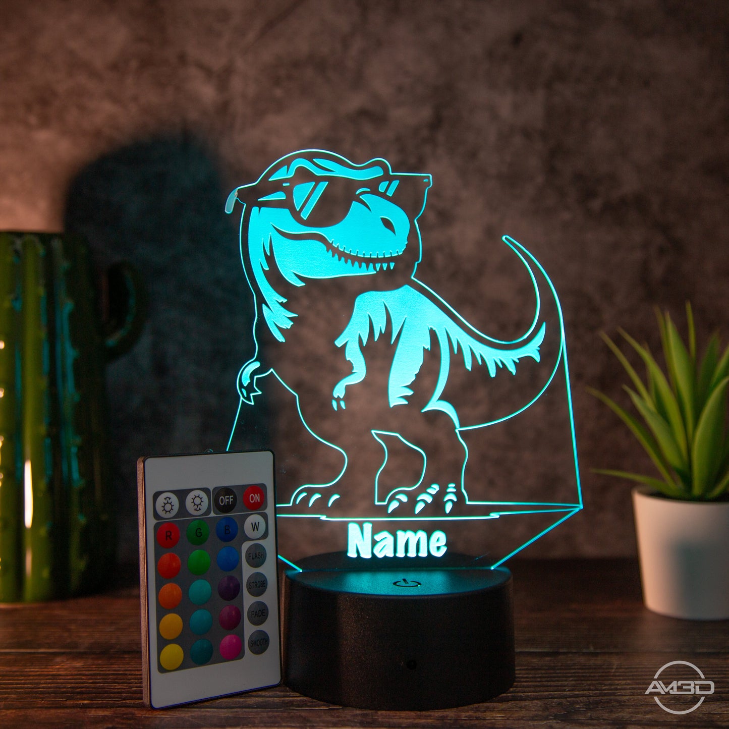 personalisiertes Nachtlicht fürs Kinderzimmer "T - Rex" - AM3D Shopmit Kunststoffsockel