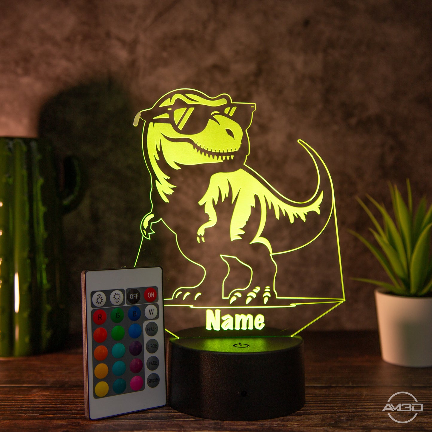 personalisiertes Nachtlicht fürs Kinderzimmer "T - Rex" - AM3D Shopmit Kunststoffsockel
