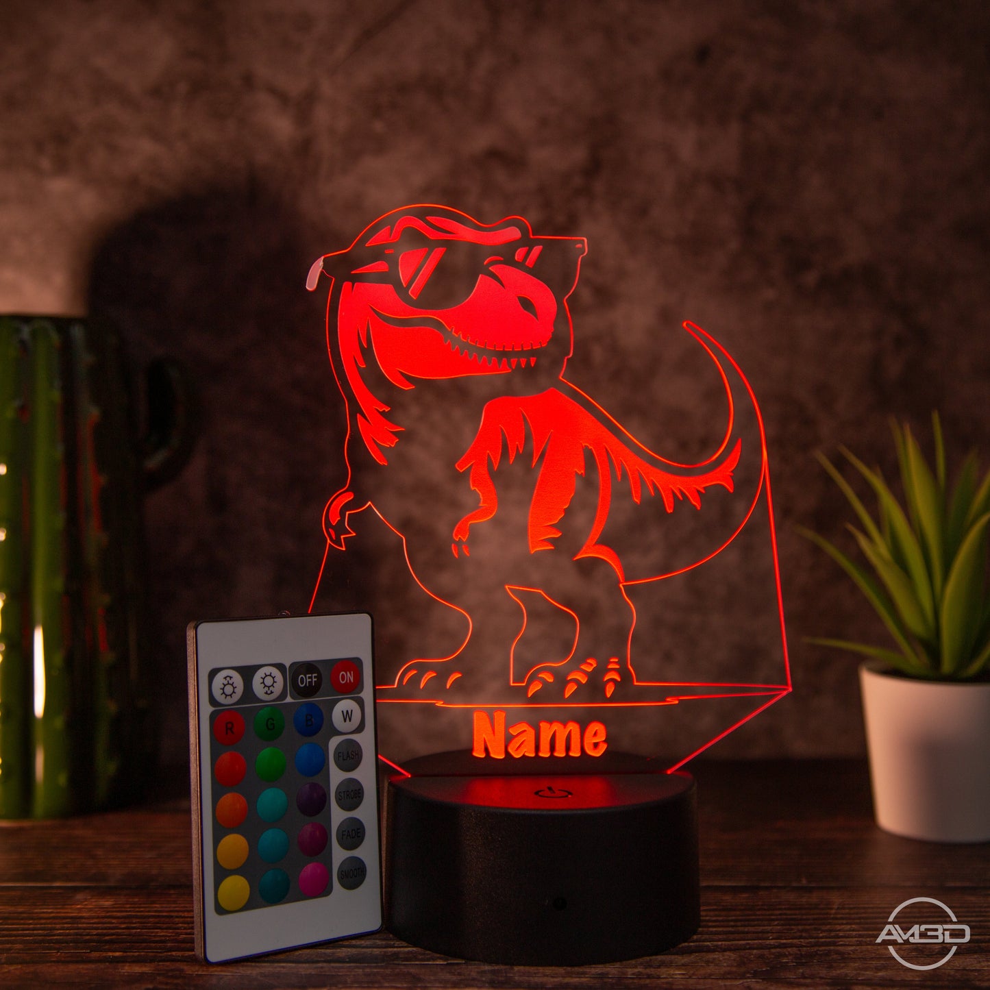 personalisiertes Nachtlicht fürs Kinderzimmer "T - Rex" - AM3D Shopmit Kunststoffsockel