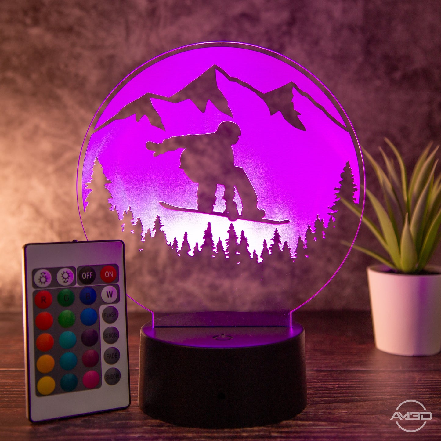 Tischlampe aus Acryl mit Snowboard - Motiv - Das perfekte Geschenk für Snowboarder! - AM3D Shopmit Kunststoffsockel