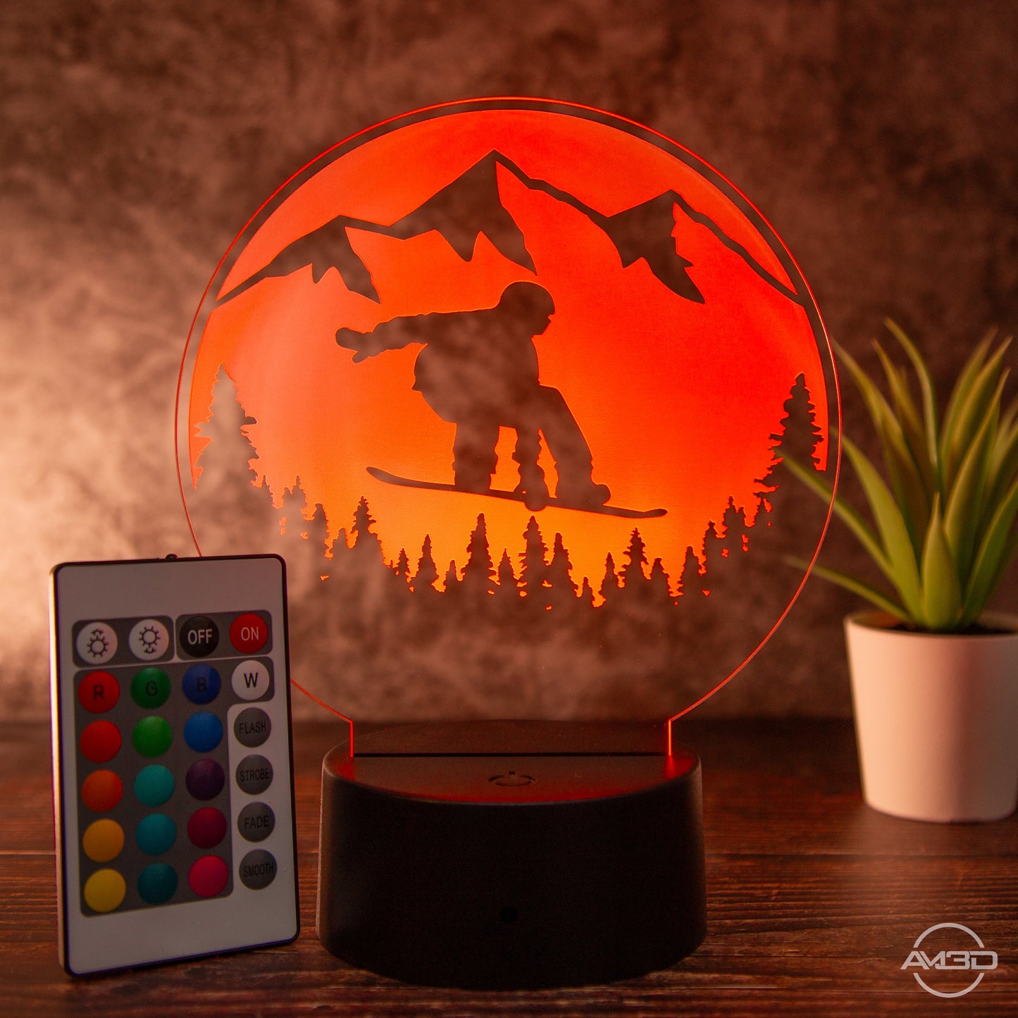 Tischlampe aus Acryl mit Snowboard - Motiv - Das perfekte Geschenk für Snowboarder! - AM3D Shopmit Kunststoffsockel