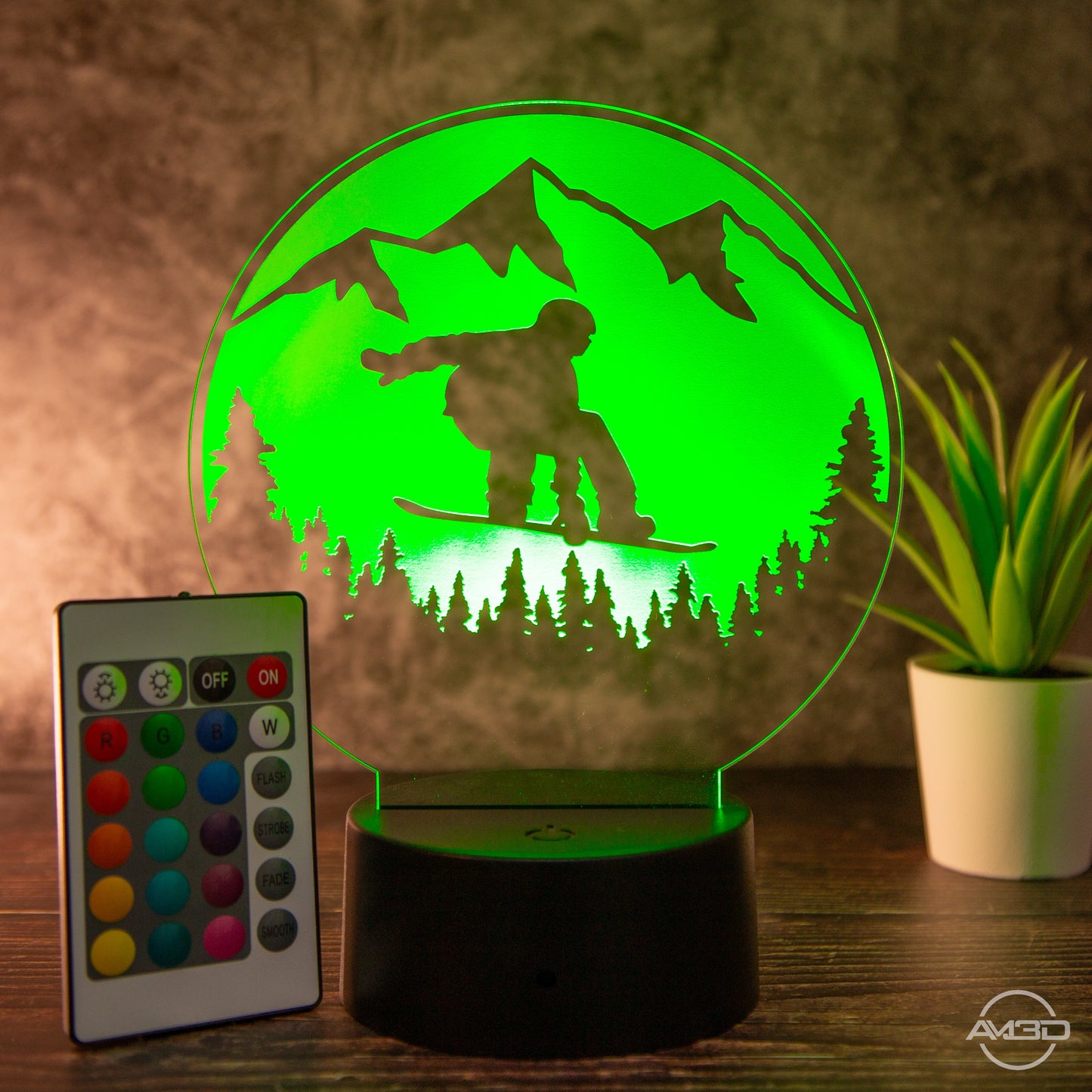 Tischlampe aus Acryl mit Snowboard - Motiv - Das perfekte Geschenk für Snowboarder! - AM3D Shopmit Kunststoffsockel