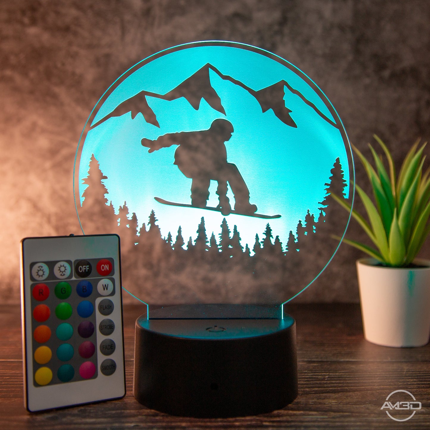 Tischlampe aus Acryl mit Snowboard - Motiv - Das perfekte Geschenk für Snowboarder! - AM3D Shopmit Kunststoffsockel
