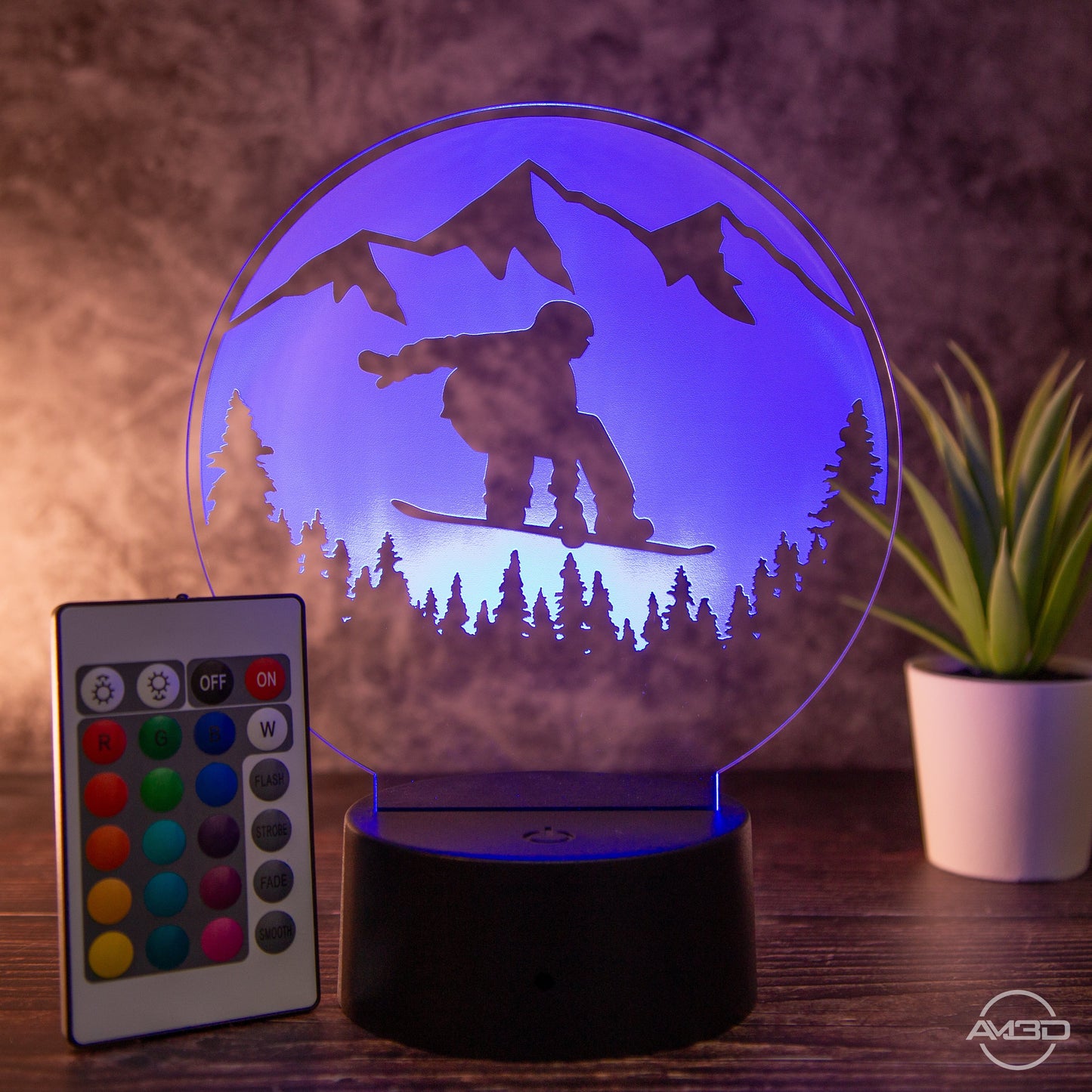 Tischlampe aus Acryl mit Snowboard - Motiv - Das perfekte Geschenk für Snowboarder! - AM3D Shopmit Kunststoffsockel